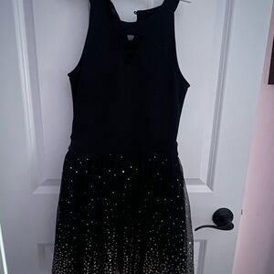 Teen Elegant Black Dress with gold sparkle skirt. Size L. Fits 10-12 girl
